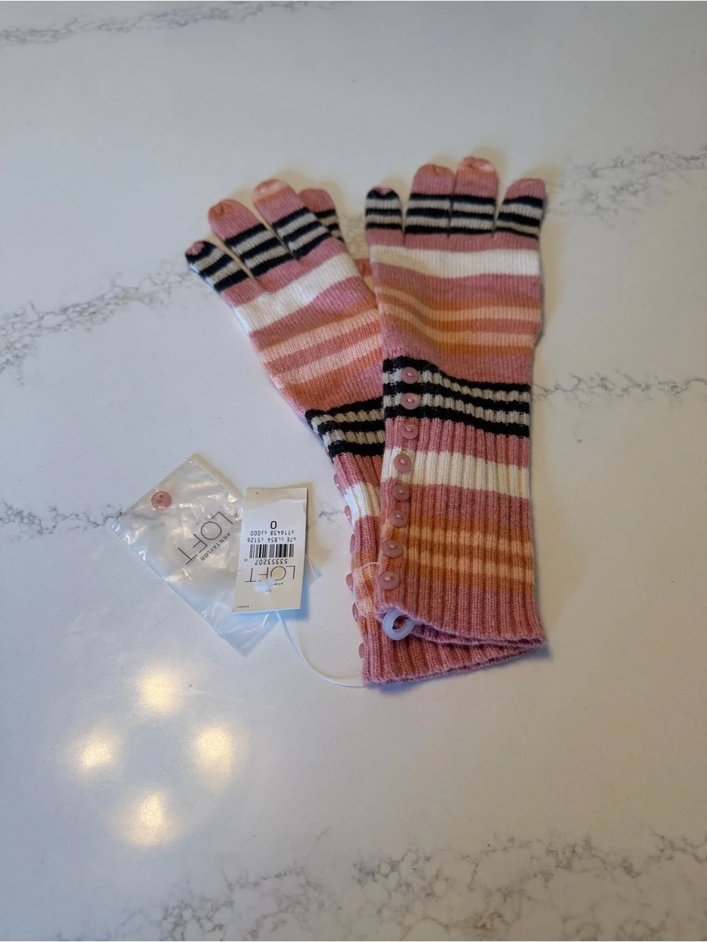 LOFT womens Pink, Cream, Tan & Black Striped Knit Gloves